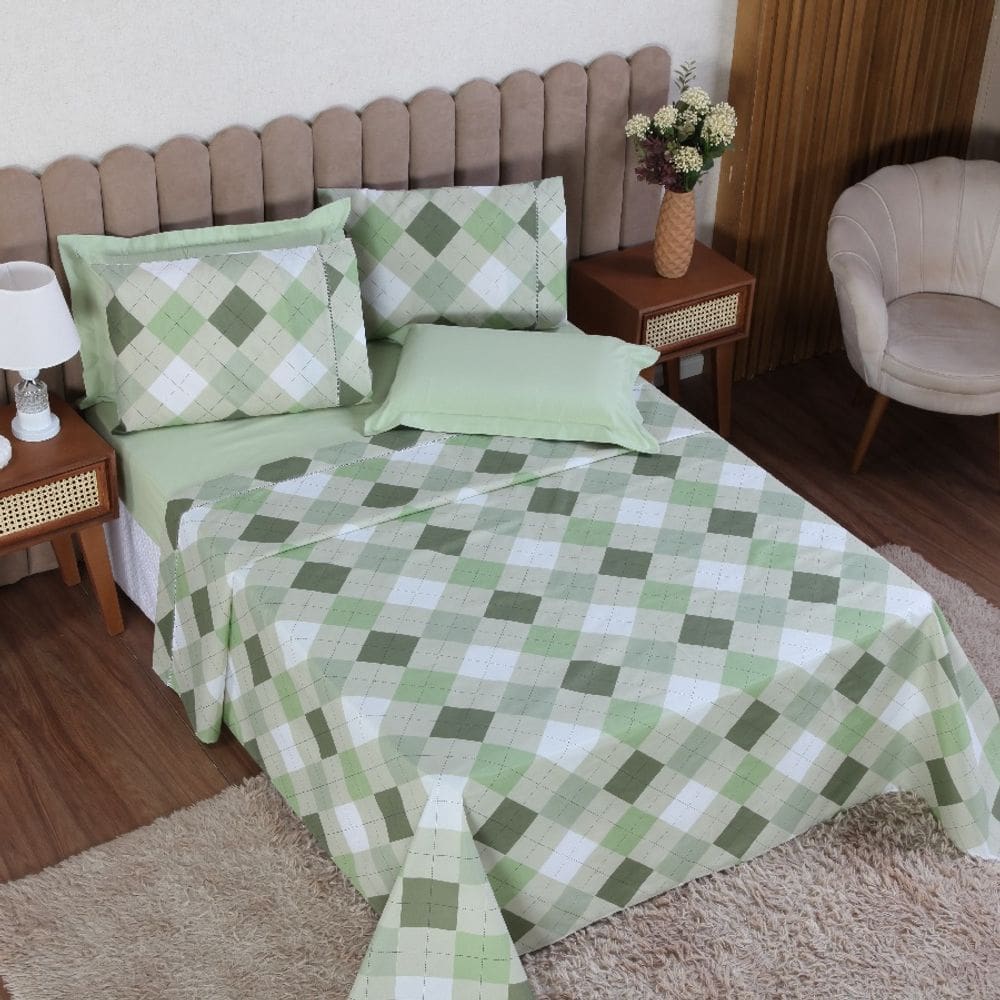 Jogo de Cama Queen 3p Lençol sem Elástico + Fronha 100% Algodão Percal Esmeralda