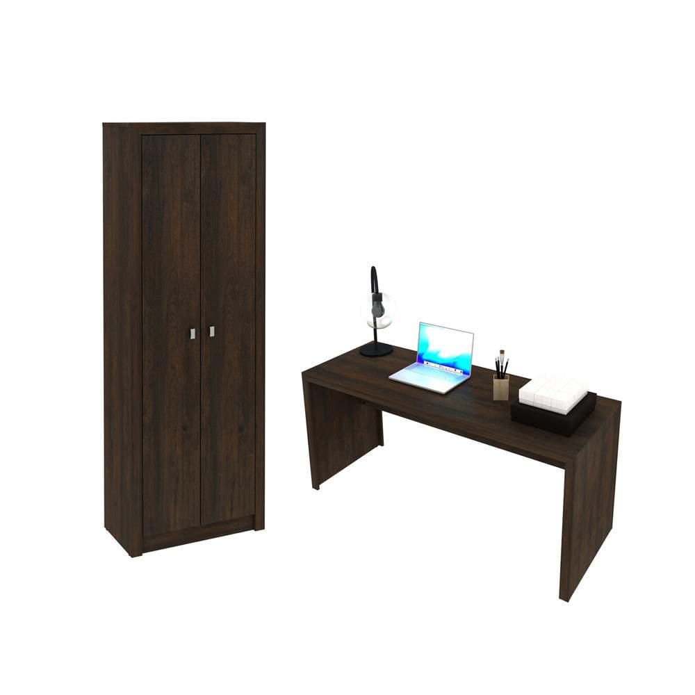 Escritório com Mesa para Computador Simples Gavetas e Armário 2 portas Rústico - FdECOR