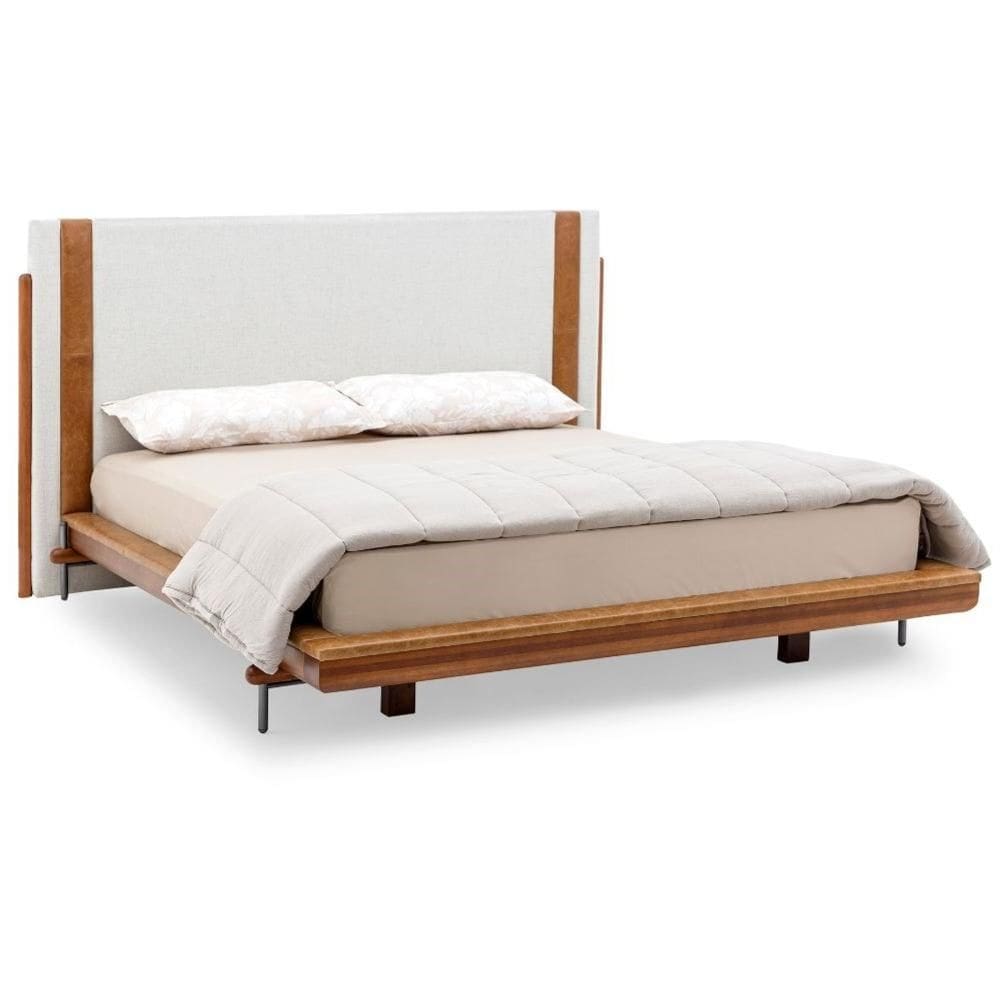 Cama de Casal MH-6016 Herval Estofado Casal Colchão 138 cm Madeira Maciça Off White Detalhe Marrom B