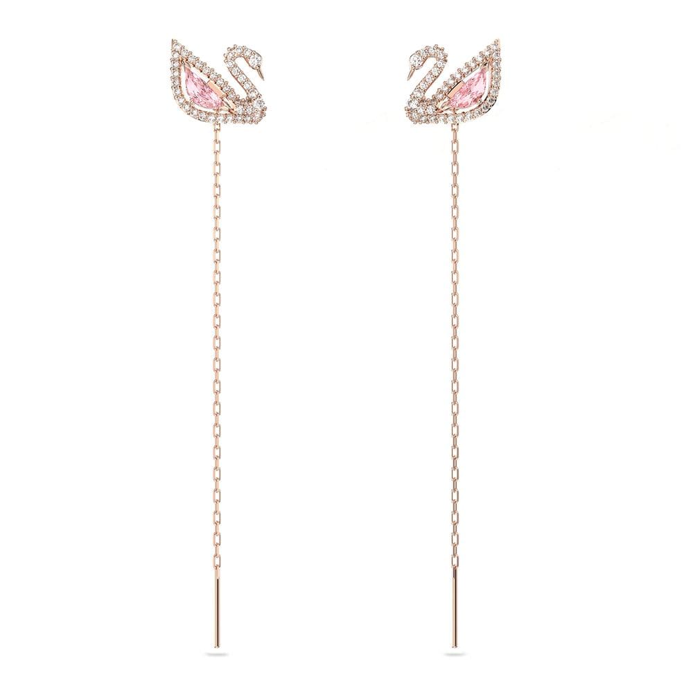 Brincos Swarovski Swan Rose Gold com cristais rosa e transparentes