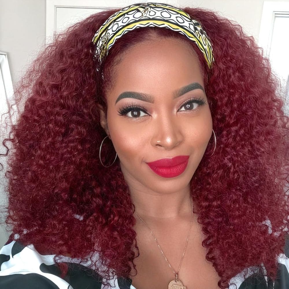 Peruca com faixa de cabeça XSY 99J Burgundy Kinky Curly 100% cabelo humano 20"