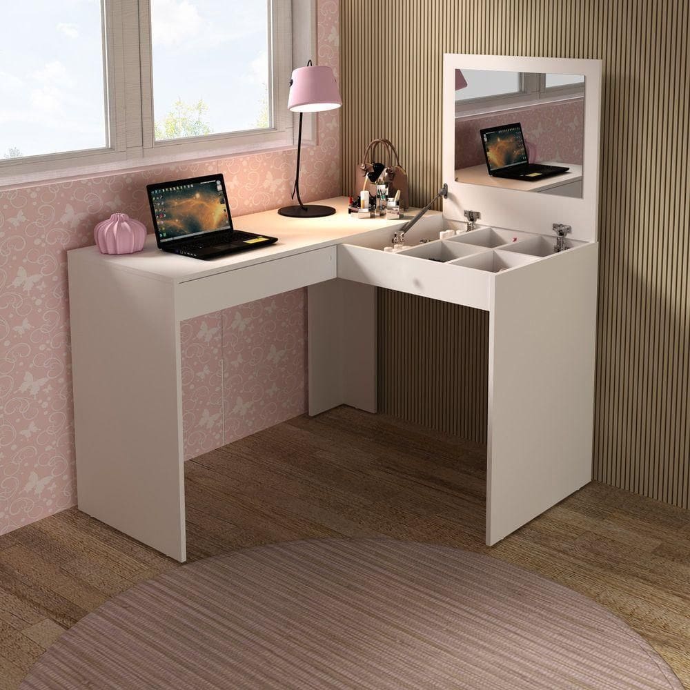 Penteadeira Escrivaninha Para Canto Com Espelho E 1 Gaveta Branco