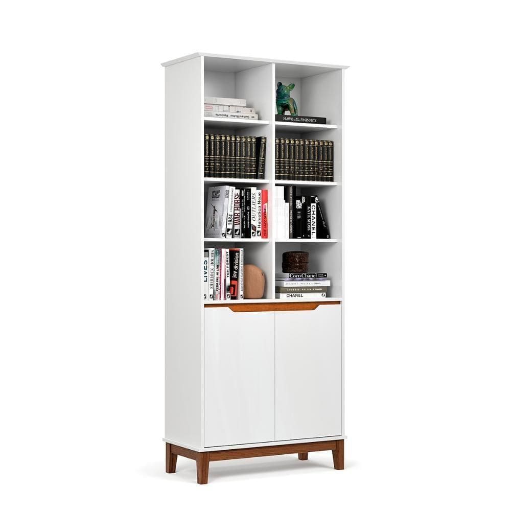 Livreiro Ej Flow 2 Portas 6 Prateleiras Com Pés Madeira Branco