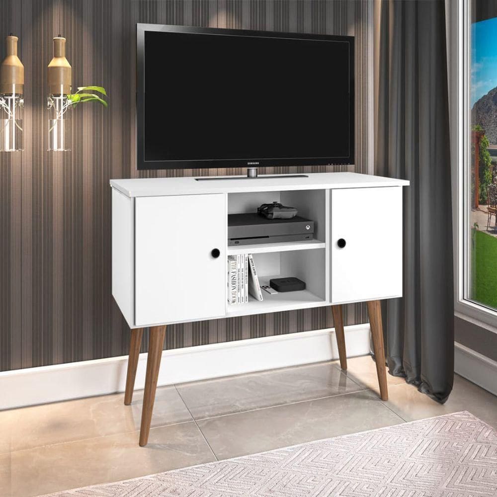 Aparador Rack Multiuso Viena Para 40 Polegadas - 2 Portas Pés Em Madeira Maciça - Branco