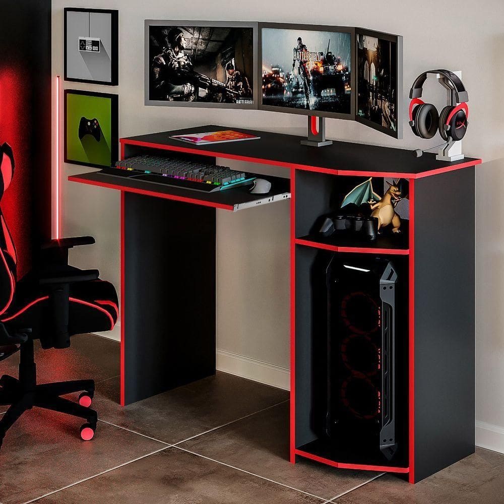 Escrivaninha Para Gamer Mesa De Escritorio - Preto E Vermelha