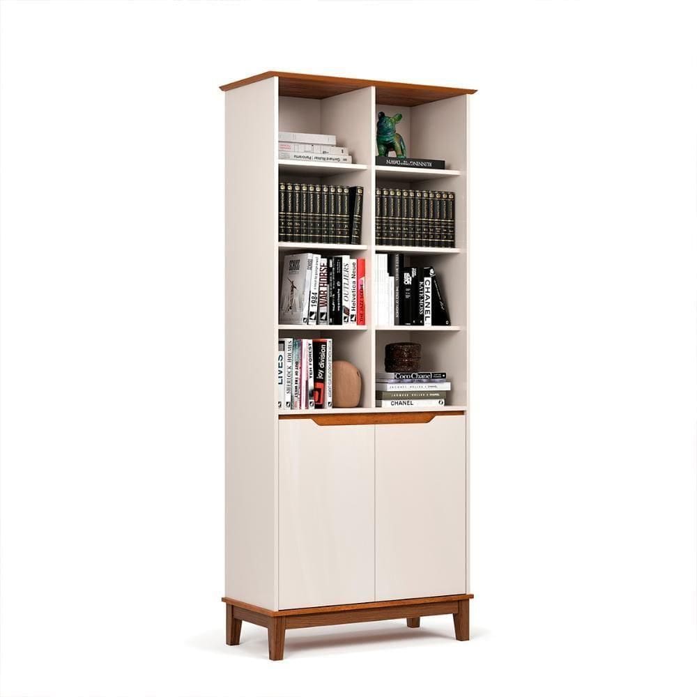 Livreiro Ej Flow 2 Portas 6 Prateleiras Com Pés Madeira Off White/Freijo