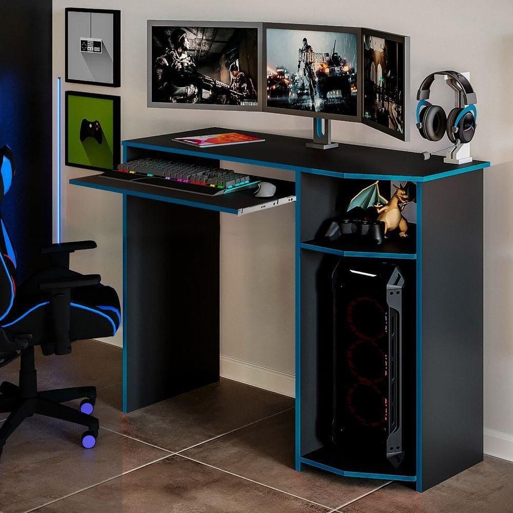 Escrivaninha Para Gamer Mesa De Escritorio - Preto E Azul