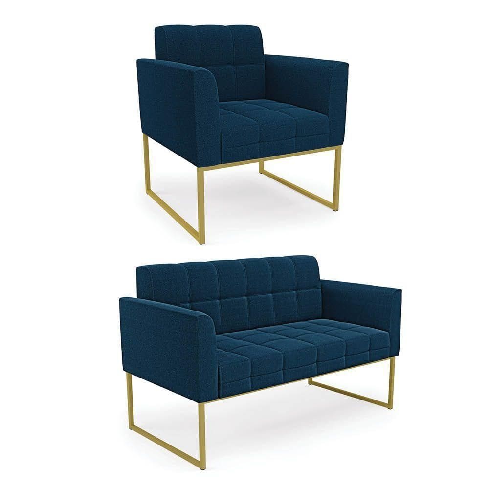Namoradeira E Poltrona Industrial Dourado Elisa Bouclê Azul D03 - D?rossi