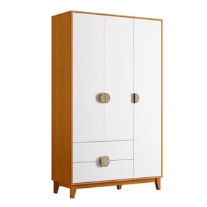 Guarda Roupa Ipê 3 Portas 2 Gavetas Com Pés Madeira Maciça Cinamomo/Branco
