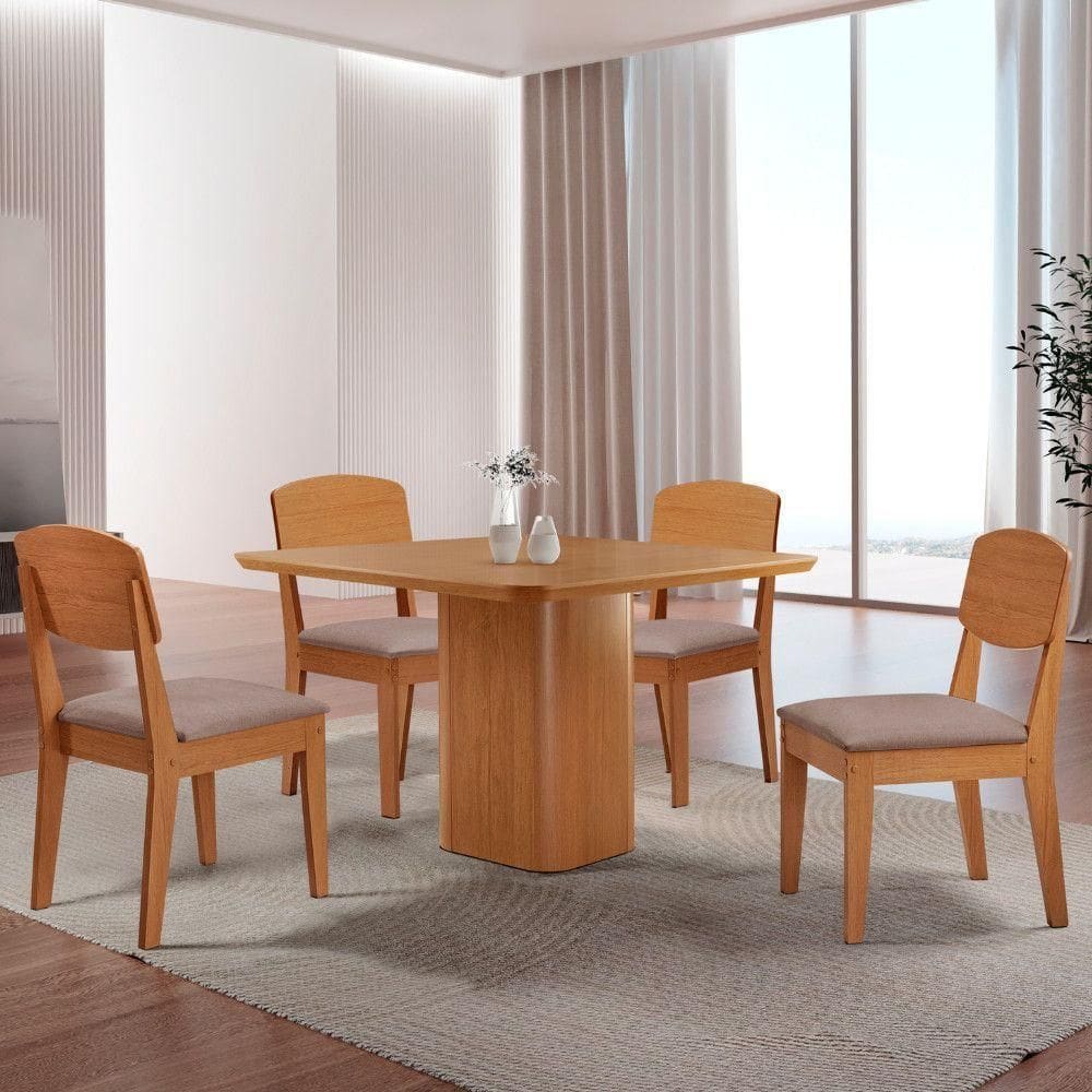 Mesa De Jantar Eloise 90cm Tampo Mdf 4 Cadeiras Copper Linho