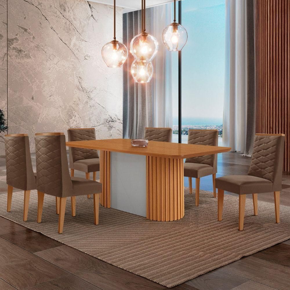 Mesa De Jantar Aspen 180cm Tampo Mdf Laminado 6 Cadeiras Safira Veludo Marrom//off White