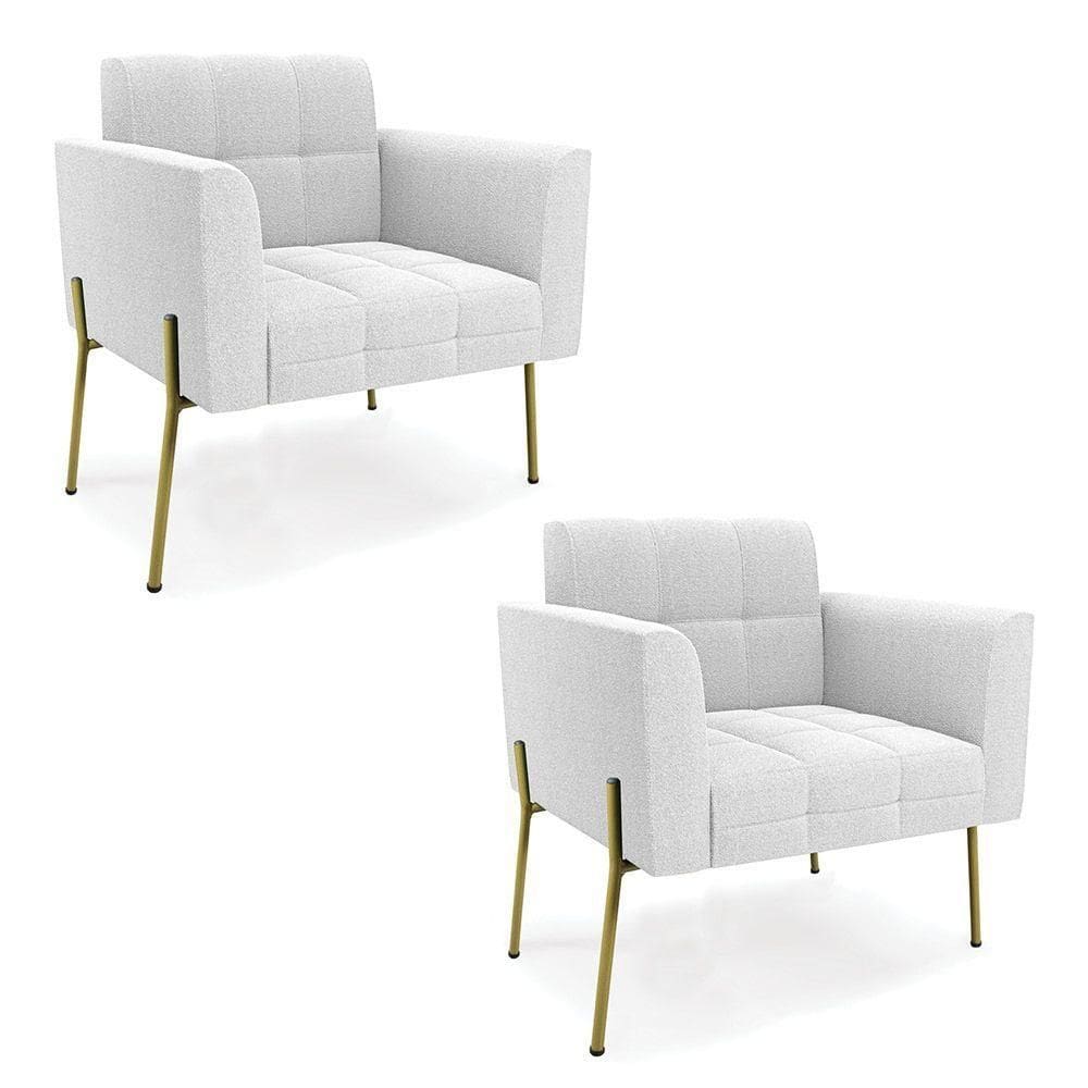Poltrona Sala Estar Pé Ferro Dourado Kit 2 Elisa Bouclê D03 - D?rossi Cor Off White