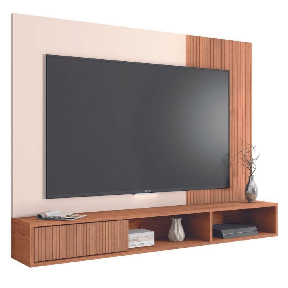 Painel Para Até 55" Ripado Impressão 3D Com Nicho Madrid