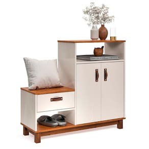 Sapateira Com Banco Organic 3 Portas Pés De Madeira Maciça Off White/Freijo