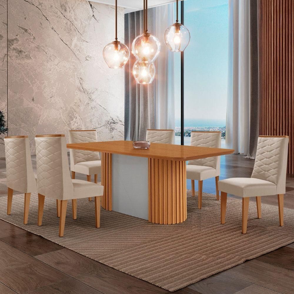 Mesa De Jantar Aspen 180cm Tampo Mdf Laminado 6 Cadeiras Safira Veludo Creme//off White