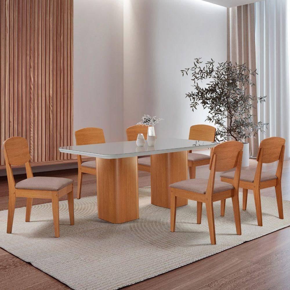 Mesa De Jantar Eloise 180cm Tampo Mdf 6 Cadeiras Moderna Linho Capuccino/nat/off/serig. Off