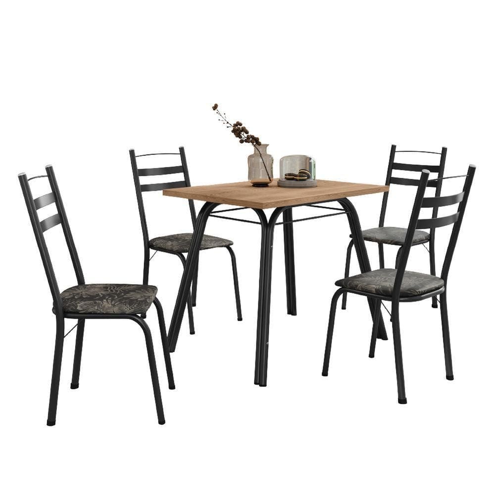 Conjunto De Mesa Sala De Jantar Com 4 Cadeiras Tubular Tampo Bp Madeirado Retangular Preto/flor