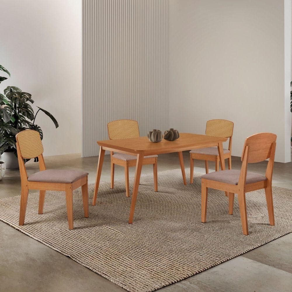 Mesa De Jantar Copper 120cm Tampo Mdf Laminado 4 Cadeiras Linho Capuccino//