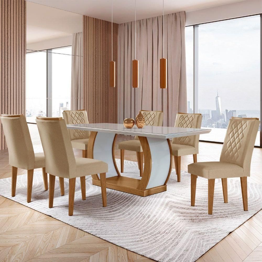 Sala De Jantar Milena Tampo Mdf Vidro 6 Cadeiras Rufato