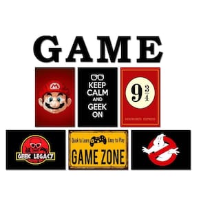 Kit 6 Placas Decorativas Geek Gamer Nerd Play C/ Letras Game
