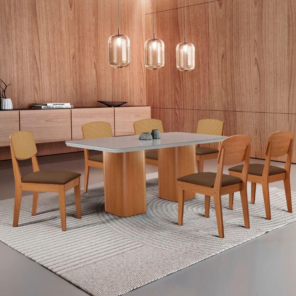 Mesa De Jantar Eloise 180cm Tampo Mdf 6 Cadeiras Moderna Off