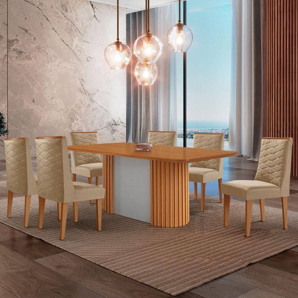 Mesa De Jantar Aspen 180cm Tampo Mdf Laminado 6 Cadeiras Safira Turim 07/ /off White