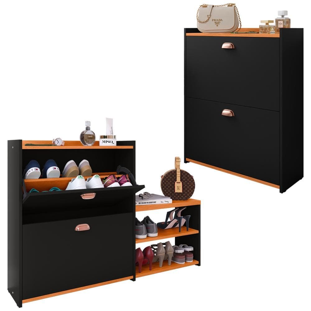 Kit Sapateira Milano Closet Prateleira Organizadora Calçados Banquinho Hall Entrada Gaveta Basculante Preto/Cinamomo - Lojas RPM