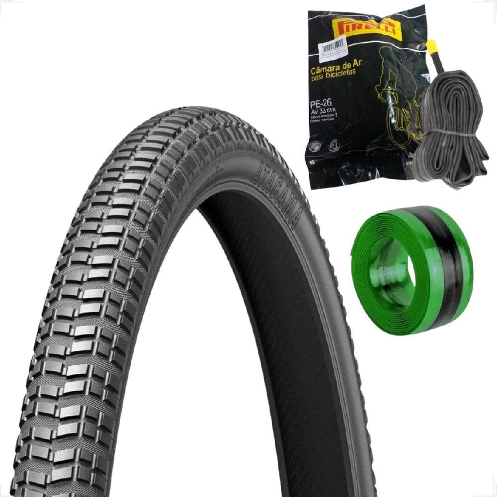 Pneu Levorin Atacama Aro 26 x 1.95 + Camara de ar Pirelli bico grosso + Fita antifuro tectire