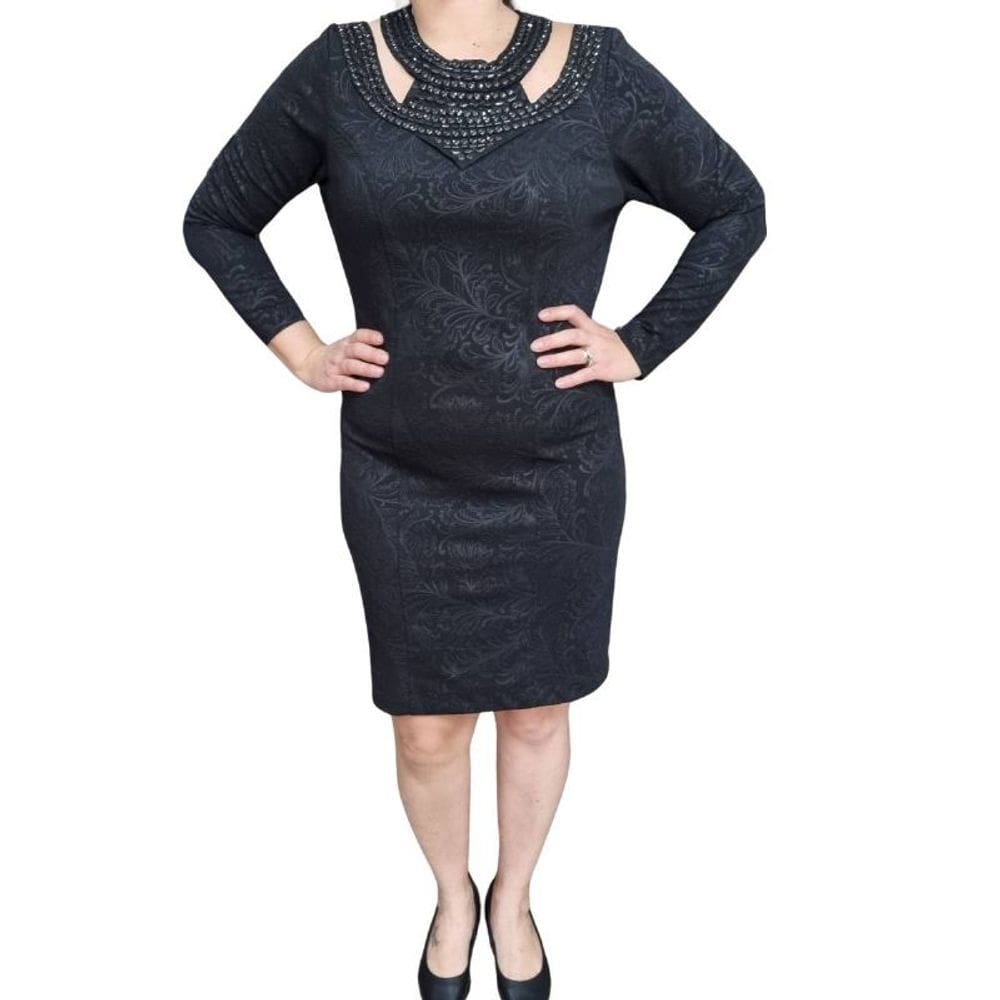 Vestidos CKM Pedraria Preto ML Plus Size
