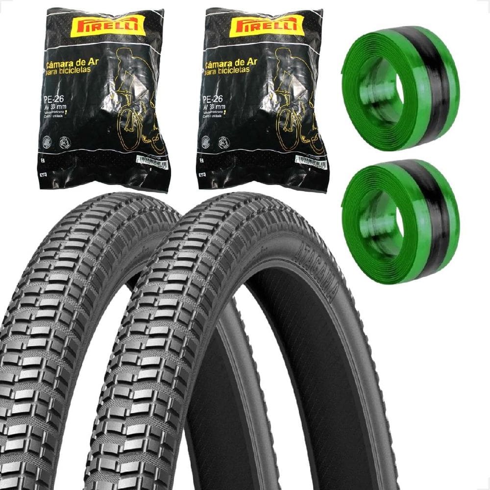 PAR Pneu Levorin Atacama Aro 26 x 1.95 + PAR Camara Pirelli bico grosso + PAR Fita antifuro tectire