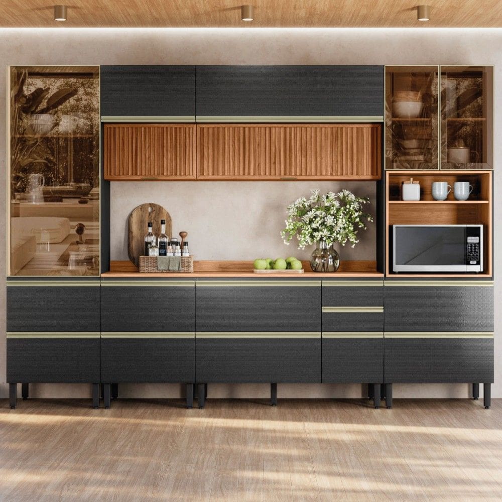 Cozinha Completa Proença 9 Portas 9 Gavetas Ripado com Vidro Dp3102rp Nogueira/Carbono Prime Tx - Demóbile