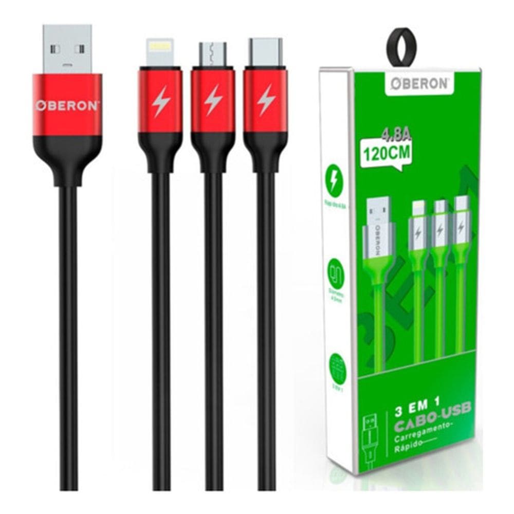 Cabo 3 Em 1 Usb Oberon Or-co06 - Usb C, Lightning, Micro Usb Branco