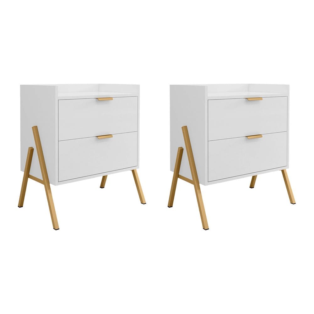 Kit 2 Mesas de Cabeceiras Retrô com 2 Gavetas Asher 45cm - Branco