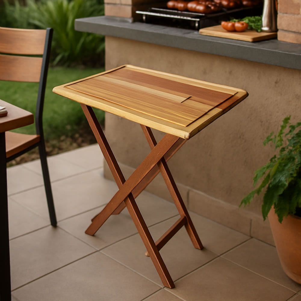 Mesa de Churrasco Dobrável 60x42cm Tábua de Carne, Madeira de Lei