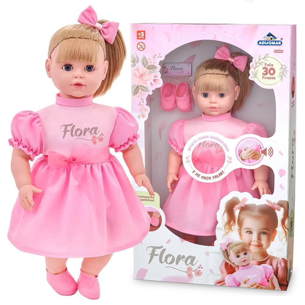 Boneca Flora Grande 50cm Abre e Fecha Olhos Fala 30 Frases