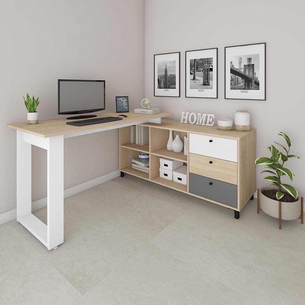 Mesa de Computador em L Barcelona Carvalho Grafito Branco