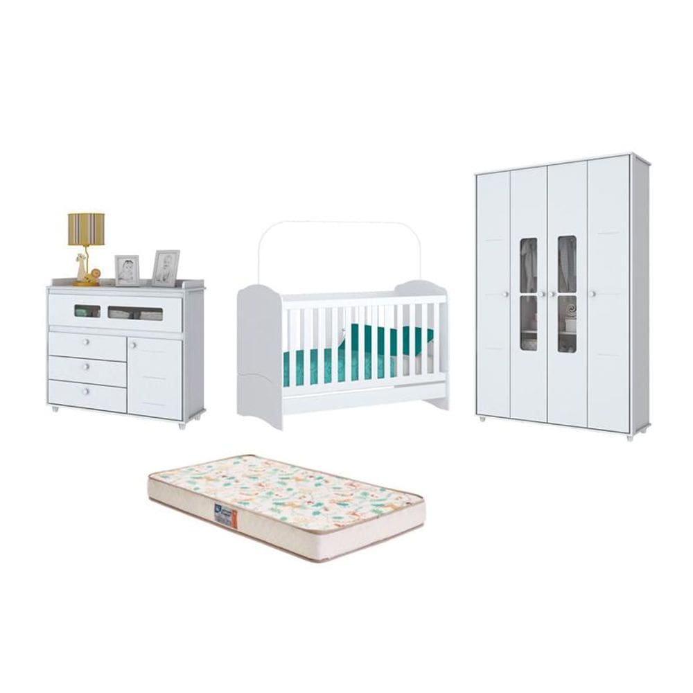 Berço Bala de Menta, Cômoda Aquarela e Guarda Roupa Aquarela Branco e Colchão - FdECOR