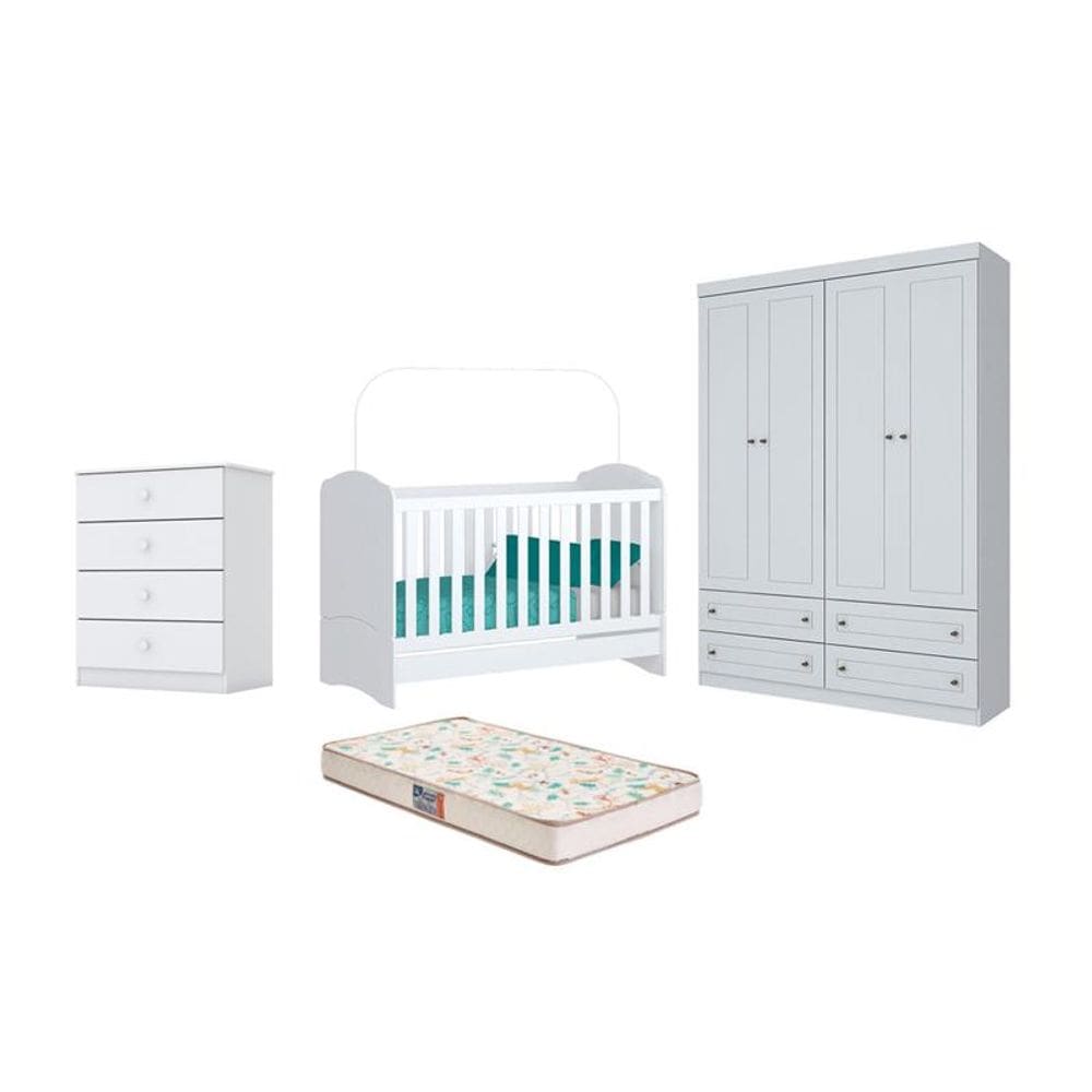 Berço Bala de Menta, Cômoda Labirinto e Guarda Roupa Americano 4 Pts Branco e Colchão - FdECOR