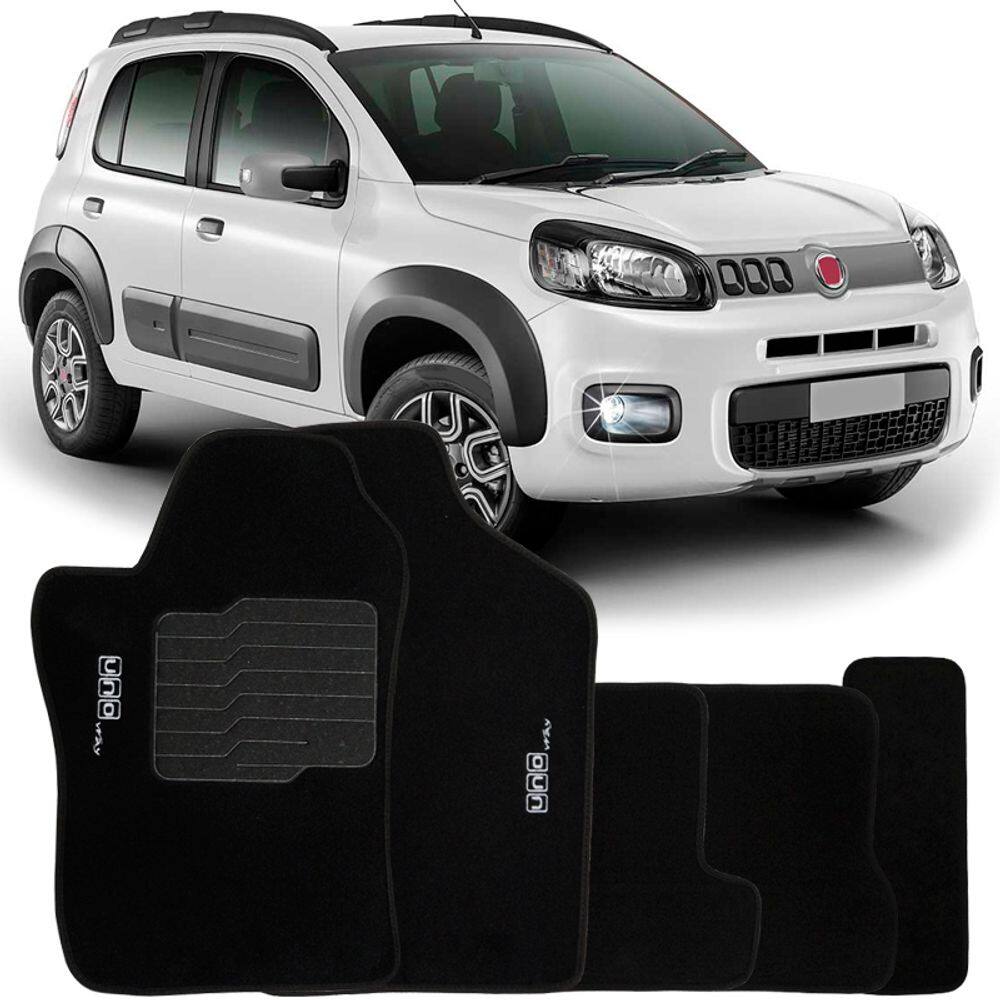 Jogo de Tapete Automotivo Carpete Fiat Uno Way 2011 à 2018 Soft Logo Bordado Preto 5 Peças
