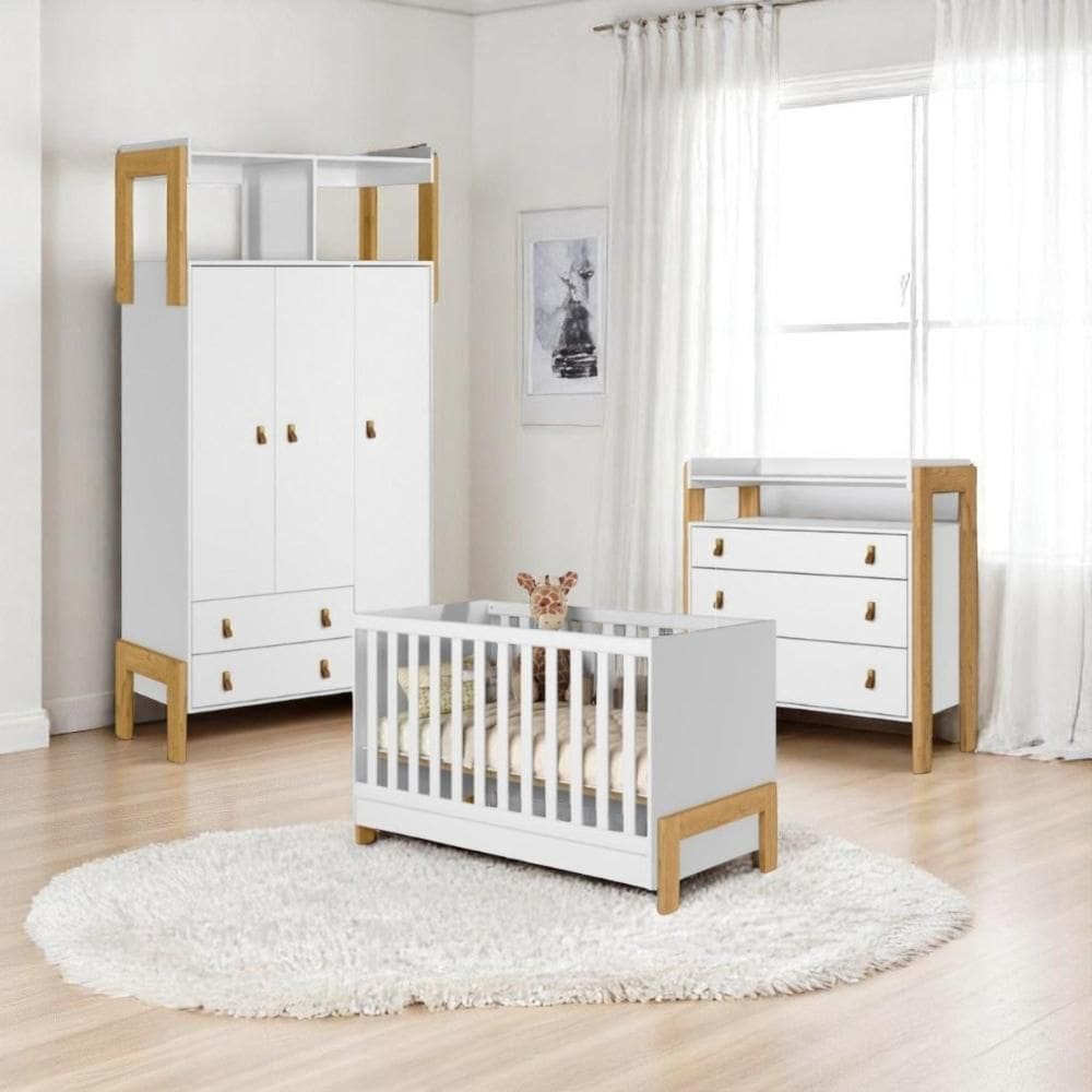 Conjunto Infantil  Branco Acetinado: Berço  Mini Cama + Cômoda  + Guarda-Roupa  3 portas 2 Gavetas