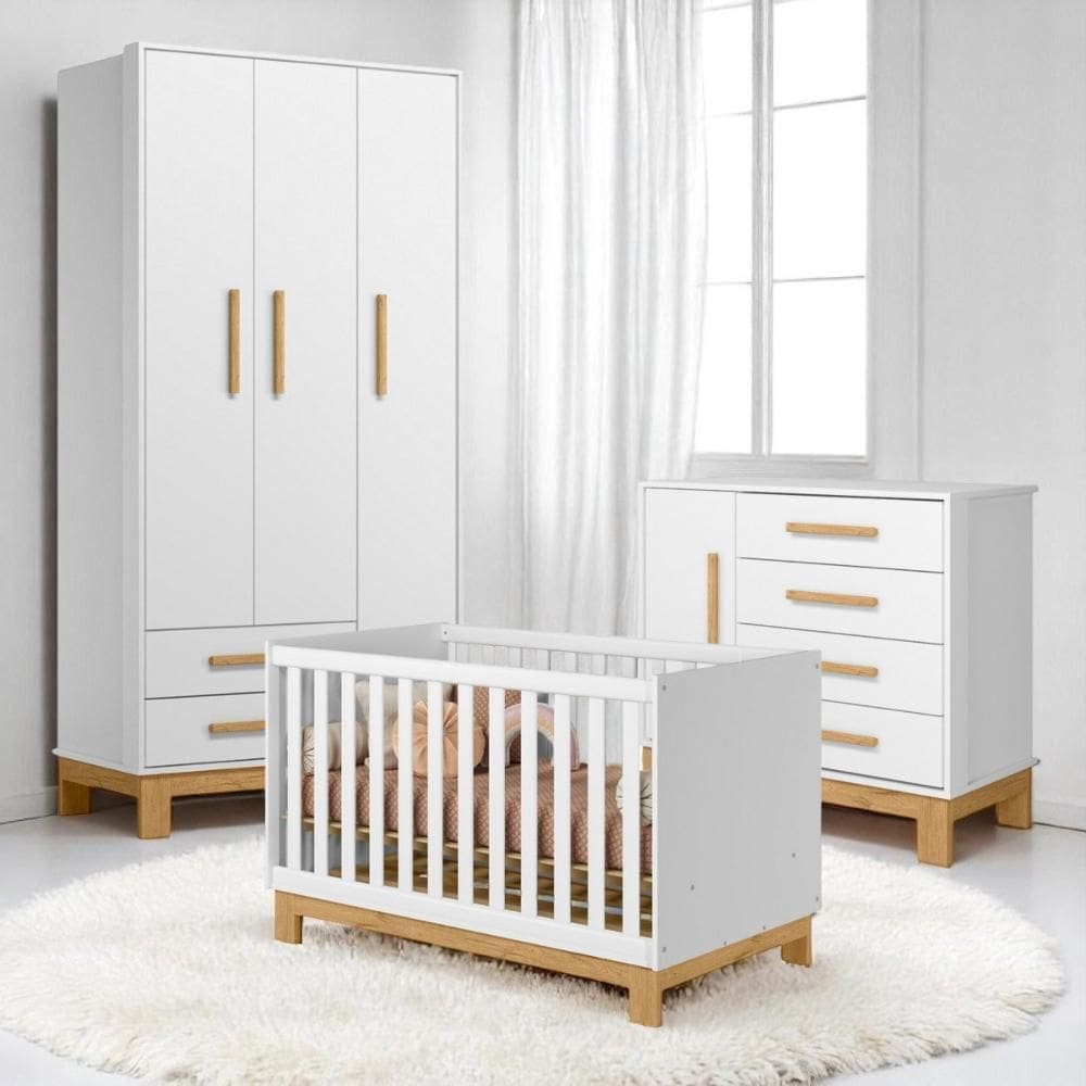 Conjunto Infantil Encanto  Branco Acetinado: Berço Encanto  Mini Cama + Cômoda Encanto  + Guarda-Roupa Encanto