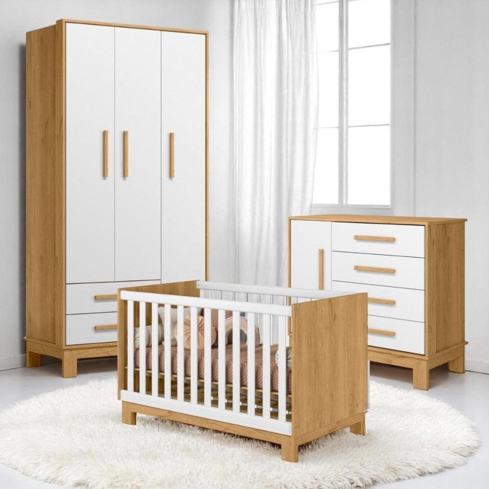 Conjunto Infantil Encanto Slim Freijo/Branco: Berço Encanto Slim Mini Cama Cômoda Encanto Slim Guarda-Roupa Encanto