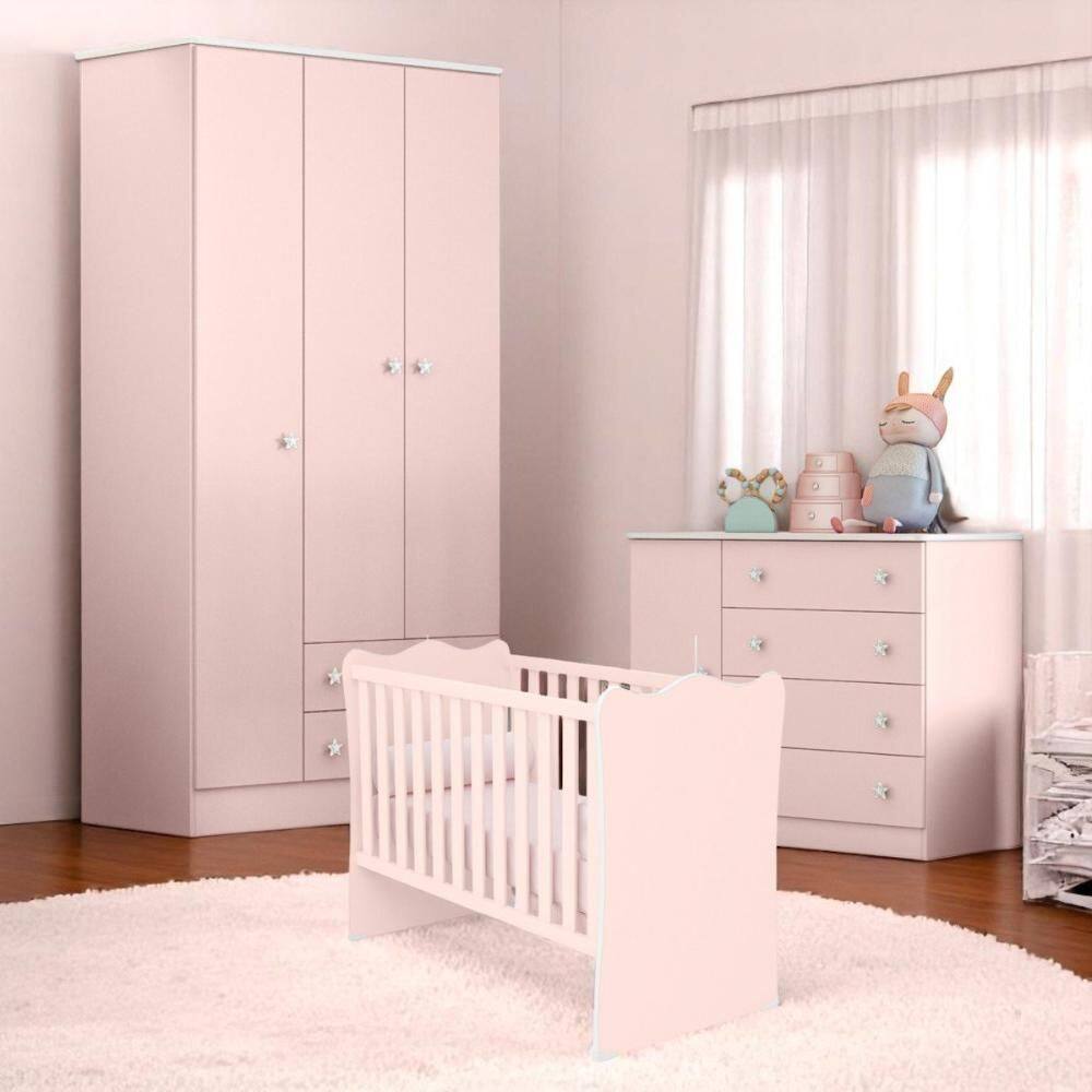 Conjunto Infantil Doce Sonho Rosa Acetinado: Berço Doce Sonho Kit Rodízios Cômoda Doce Sonho Guarda-Roupa Doce Sonho