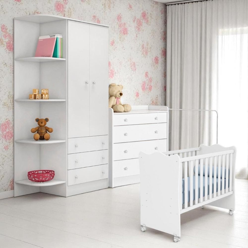 Conjunto Infantil Doce Sonho Branco: Berço Doce Sonho + Kit Rodízios + Cômoda Doce Sonho + Guarda-Roupa Doce Sonho