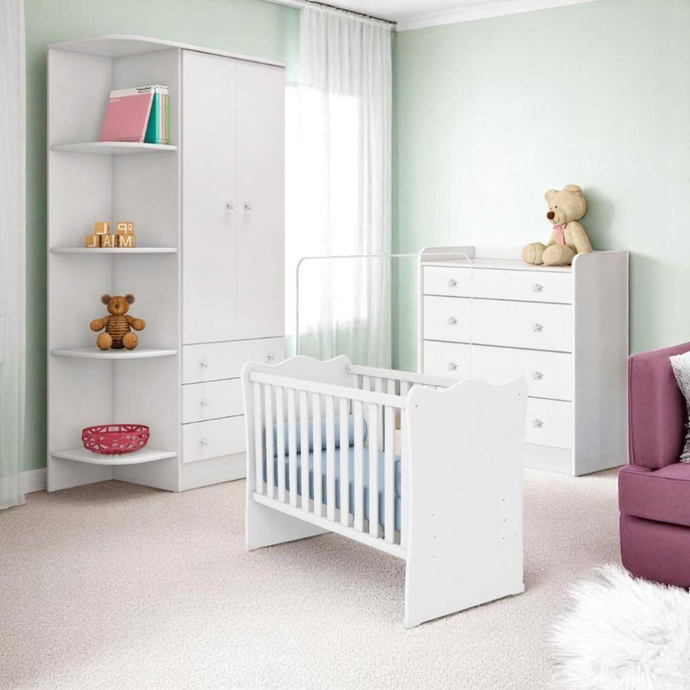 Conjunto Infantil Doce Sonho Branco/Branco: Berço Doce Sonho + Cômoda Doce Sonho + Guarda-Roupa Doce Sonho