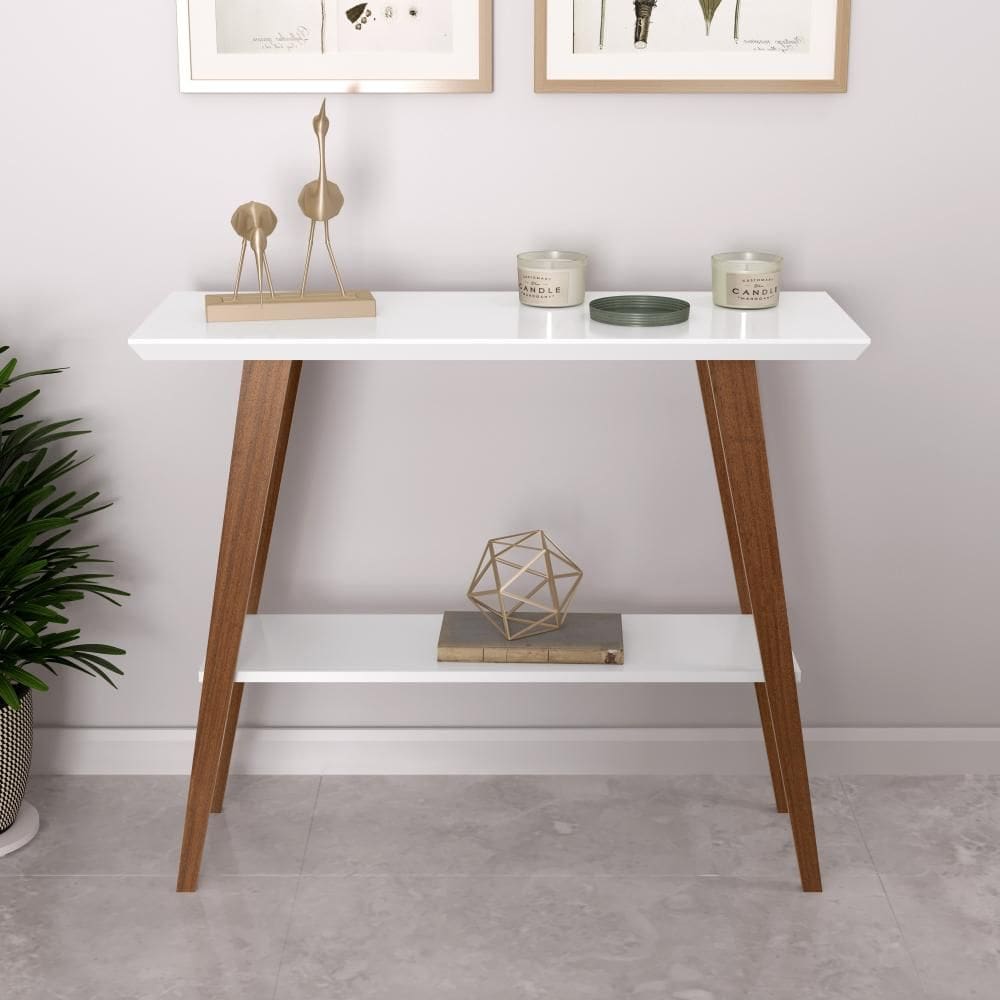 Aparador Davi 90x30 Tampo MDF 30mm pé em Madeira Branco/Amadeirado