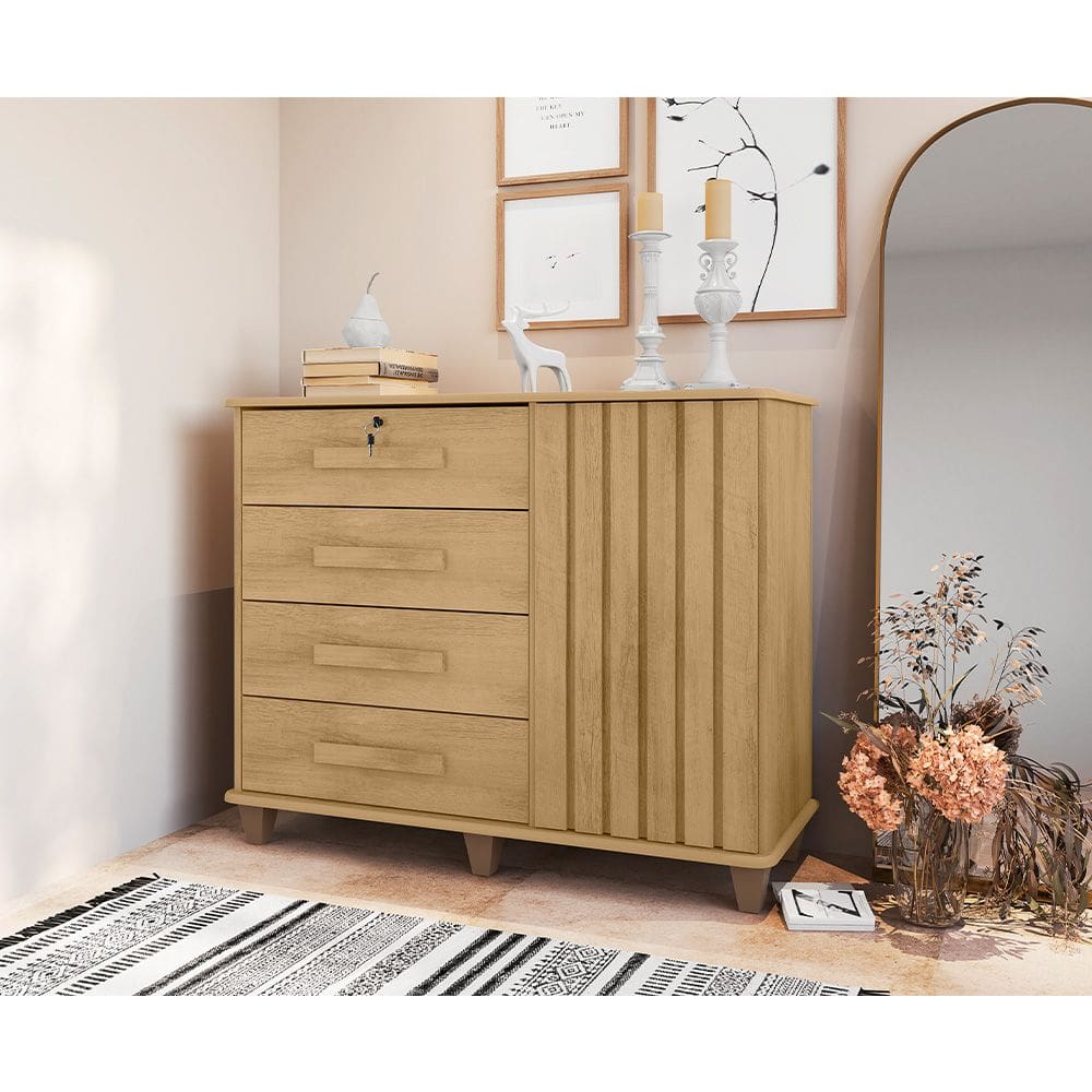 Cômoda Sapateira Grécia com Chave 1 Porta 4 Gavetas Ripado Cinamomo