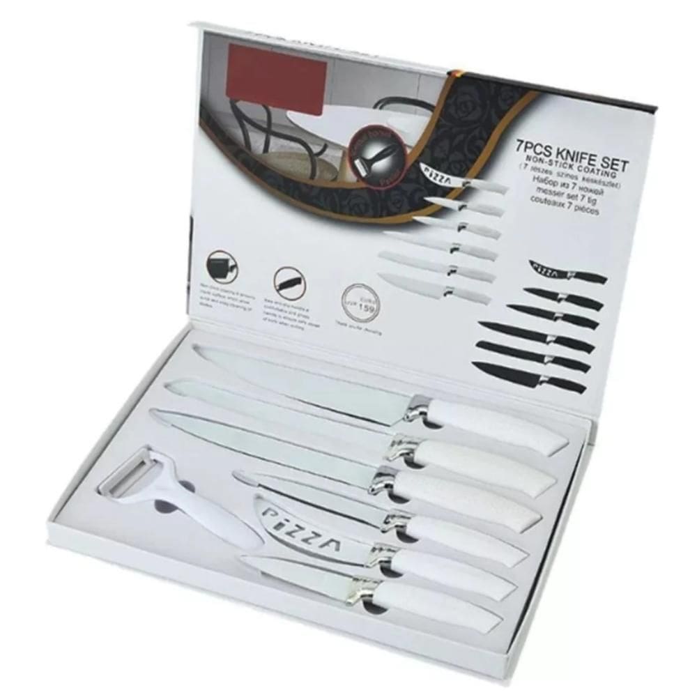Conjunto De Facas De Cozinha Ceramica Branca 7 Peças Kit Profissional Churrasco Carnes Paes Pizza Com Descascador Frutas