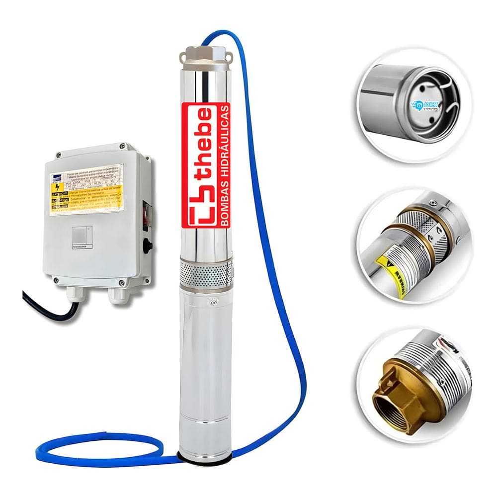 Motobomba Submersa 4`` Thebe 1,5hp Alta Vazão C/ Painel 3 Fios