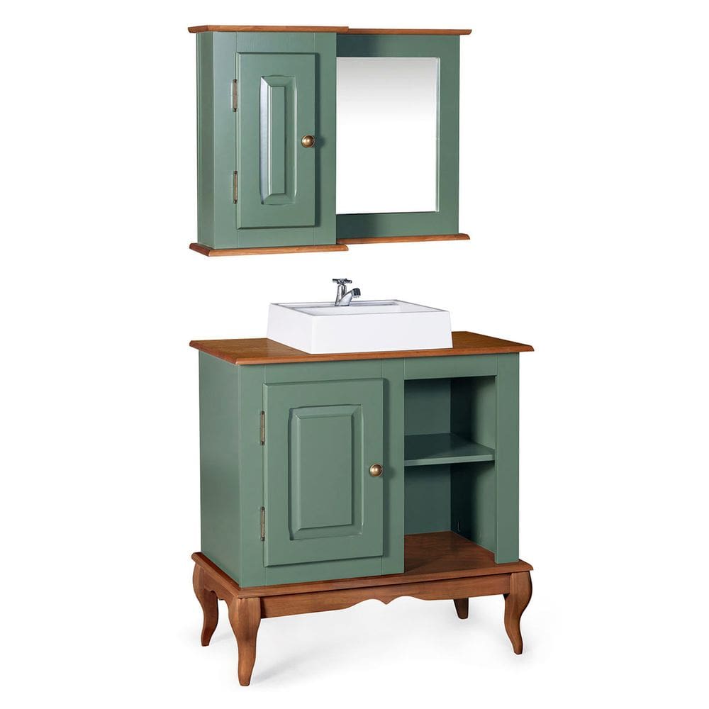 Gabinete para Banheiro com Cuba e Armário Espelheira Dália 3051 - Verde Musgo/Imbuia Glazer